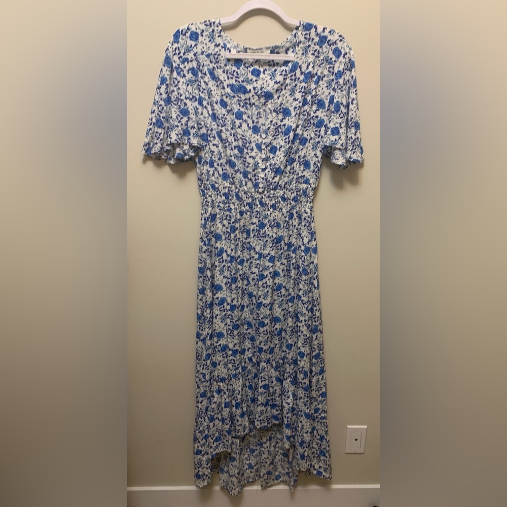 Anthropologie Blue and White Floral High-Low Dress